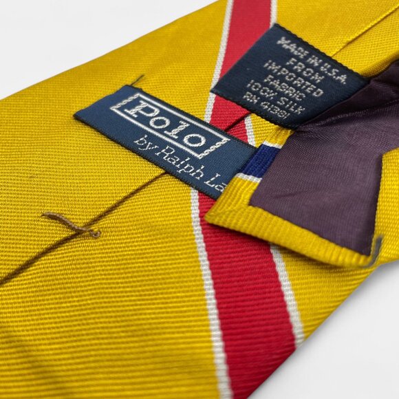 Polo Ralph Lauren Striped Vintage Silk Tie Office Business Hand Made Yellow Red - Picture 5 of 7